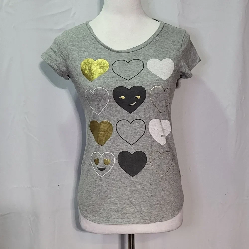 Old Navy Girls Gray Happy Hearts Graphic Short Sleeve T-Shirt Size XL (14) EUC